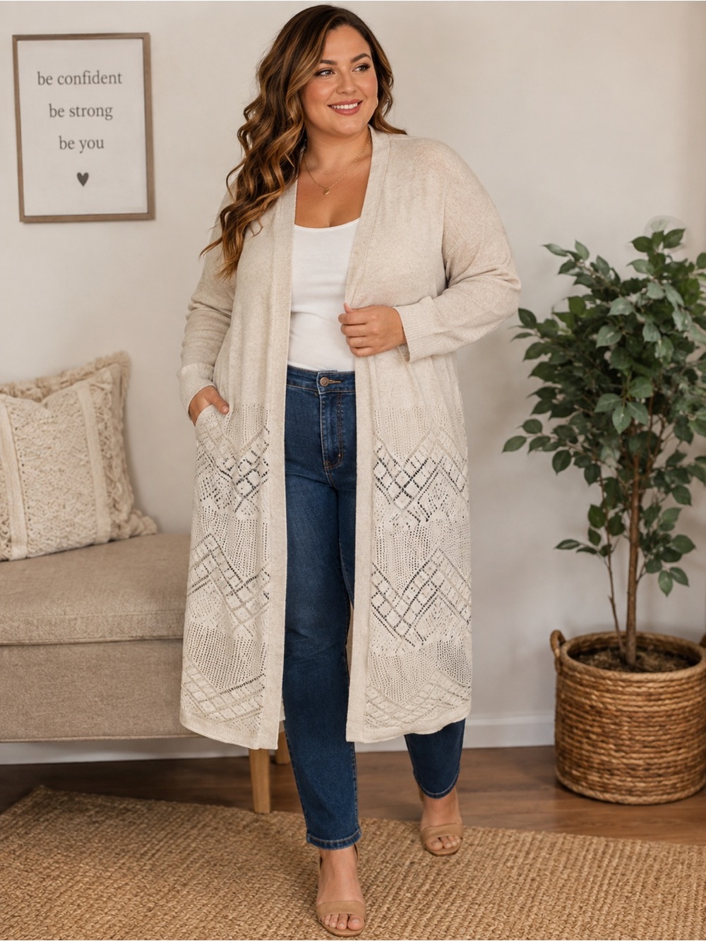 Maurice’s Long Knit Open Front Cardigan Plus Size 14W Cream Beige Long Sleeve